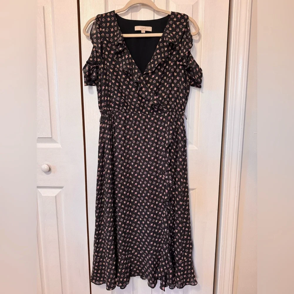 LOFT Black & Pink Midi Dress Faux Wrap Size Medium Cold Shoulder Missing Belt - Picture 2 of 12
